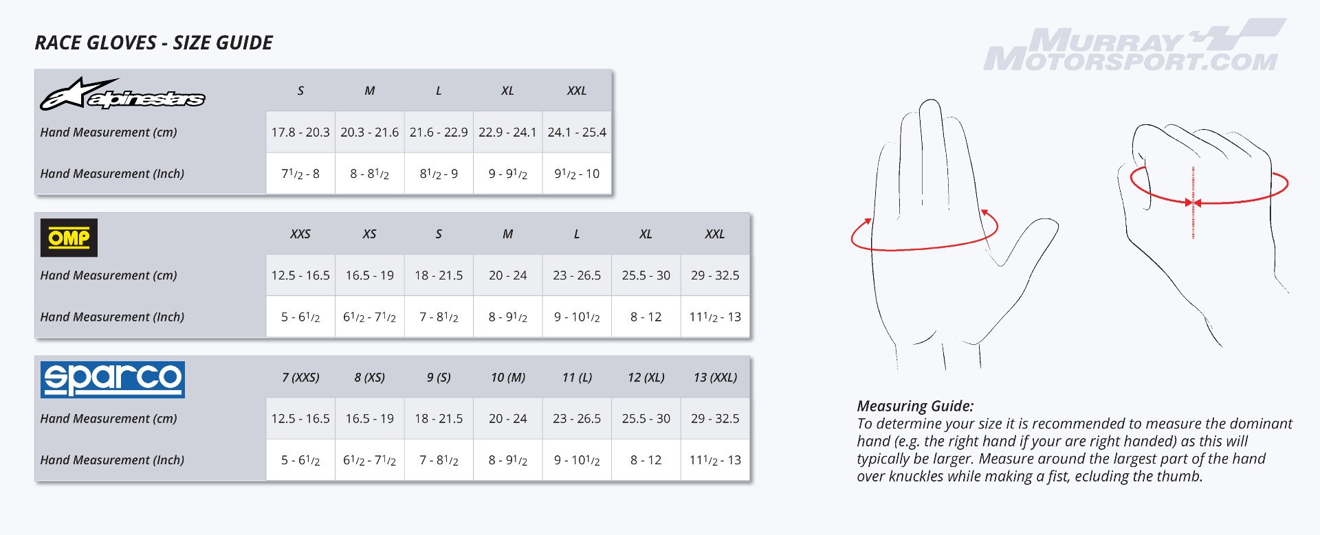 Race Gloves Size Chart